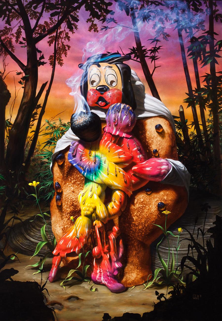 A painting by Christian Rex Van Minnen with a synthetic body in a forest-like scene.
