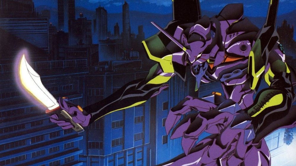 Evangelion unit holding a knife above a city.