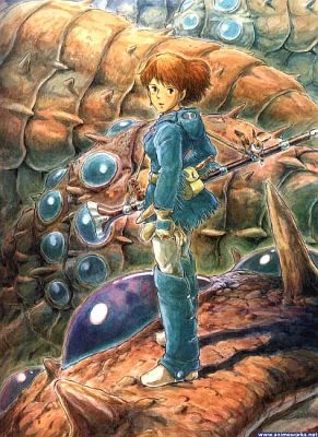 Nausicaa standing near a large insect-like organism.