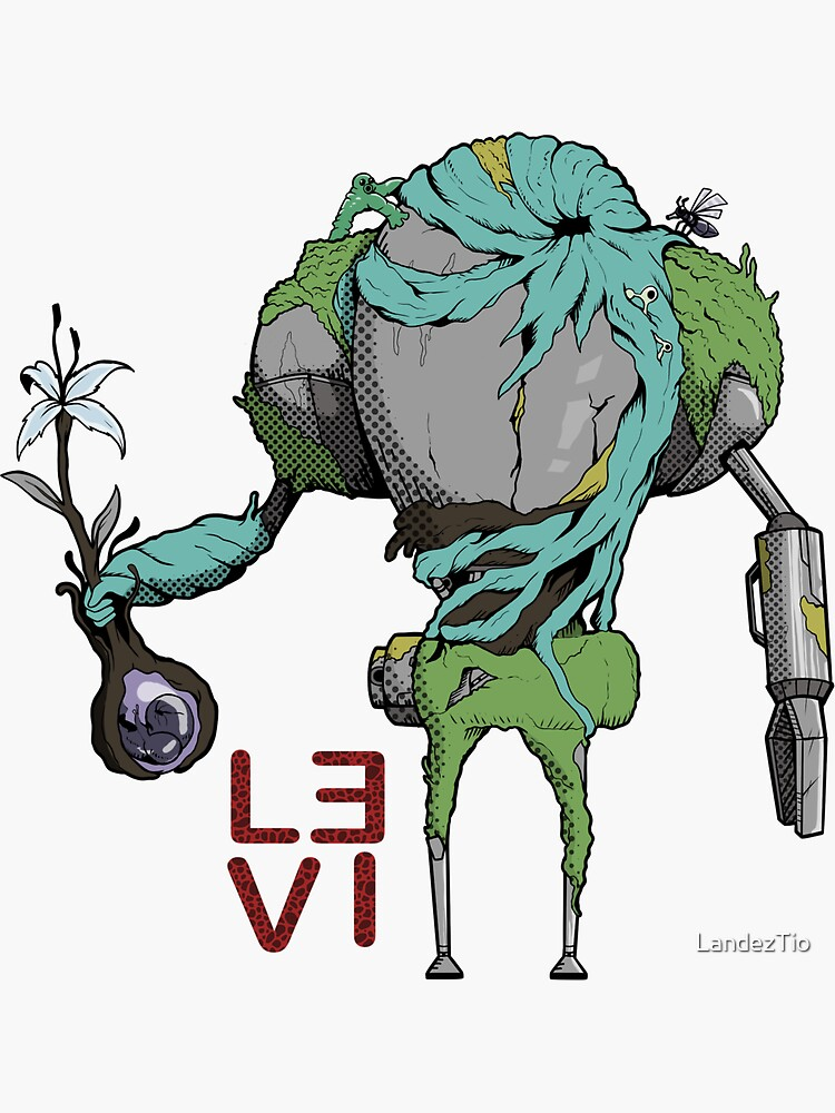 A plant-like and mechanical figure holding a flower.