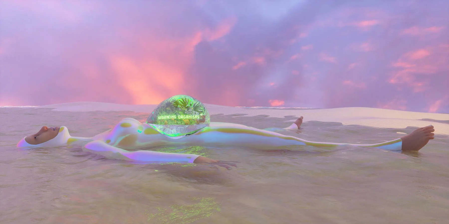 A figure floating in shallow water with a transparent interface over the torso reading sequencing organisms.