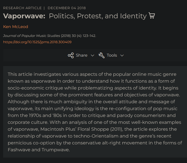 Screenshot of an academic article page about Vaporwave politics, protest, and identity.