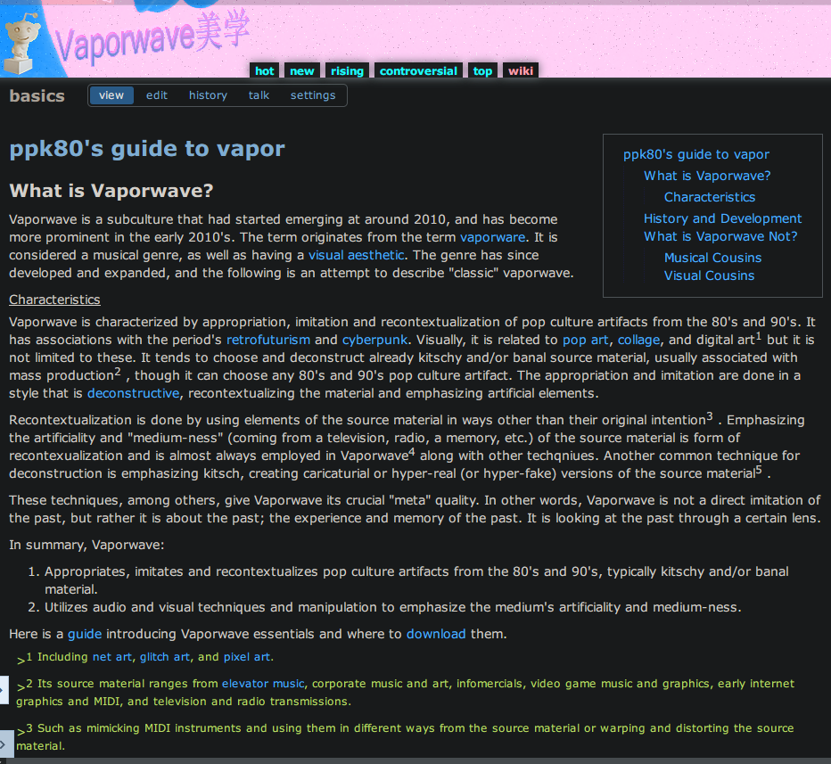 Screenshot of a Vaporwave wiki or guide page titled ppk80's guide to vapor.