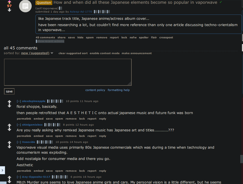 Screenshot of a Reddit thread asking about Japanese elements in Vaporwave.