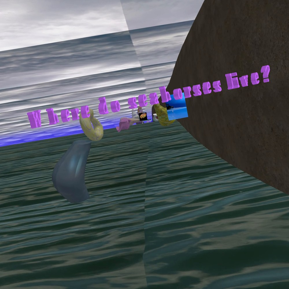 The line "Where do seahorses live?" in pink pixel lettering, angled across a green sea beneath a grey cloud ceiling, with pale misshapen forms drifting at the waterline and a sand wall on the right