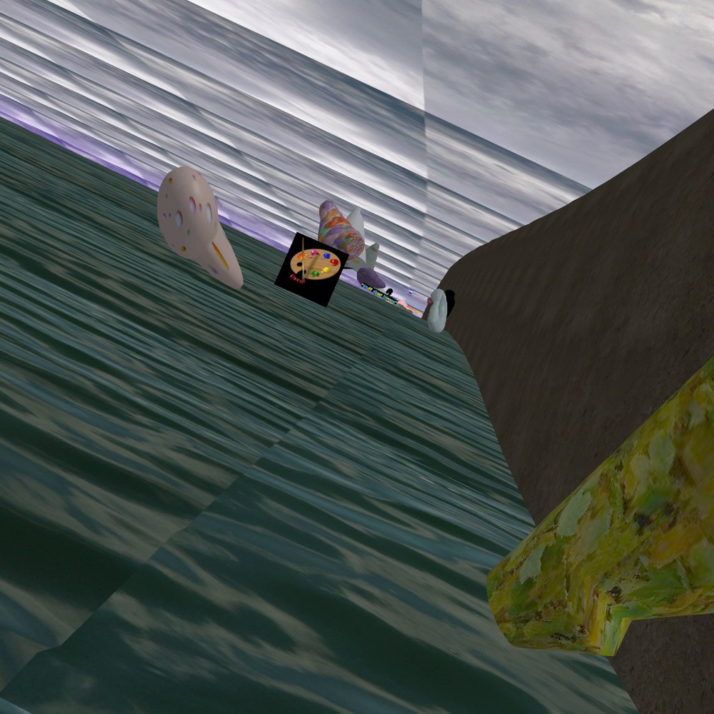 Lumpy pastel forms and a small painter's palette graphic floating above a rippling green sea, a violet band at the horizon, and a sand wall closing in from the right