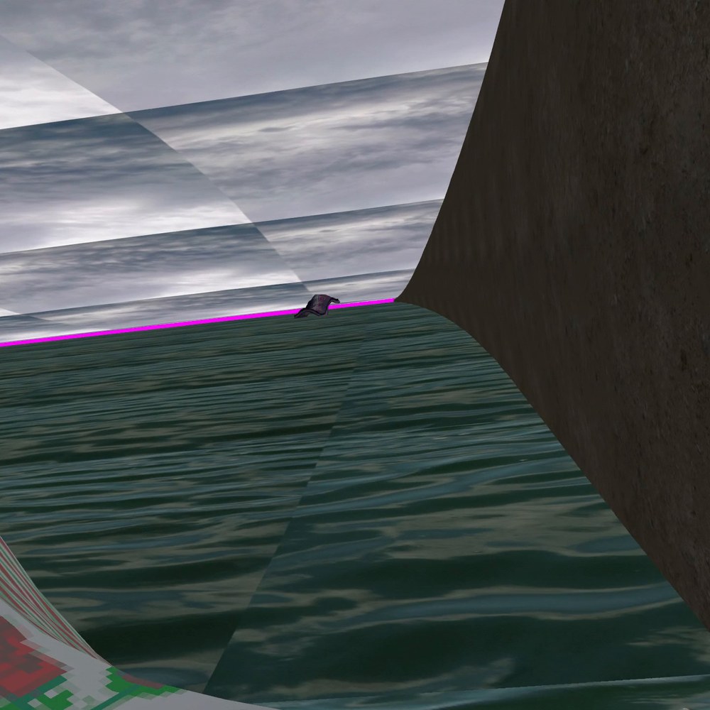 A bright magenta line along the horizon where the cloud ceiling meets the sea, with the sand wall narrowing to the right and a flowered graphic entering at the lower left