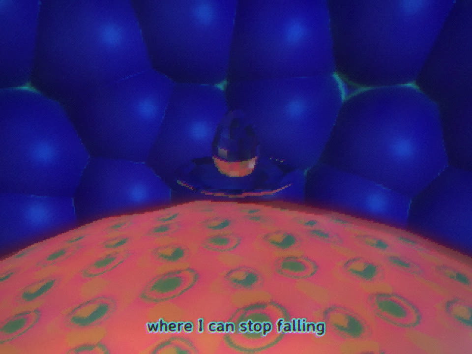 A faceted chrome egg on a chrome plate above a curved orange horizon, reflecting the blue sky, with the subtitle "where I can stop falling"