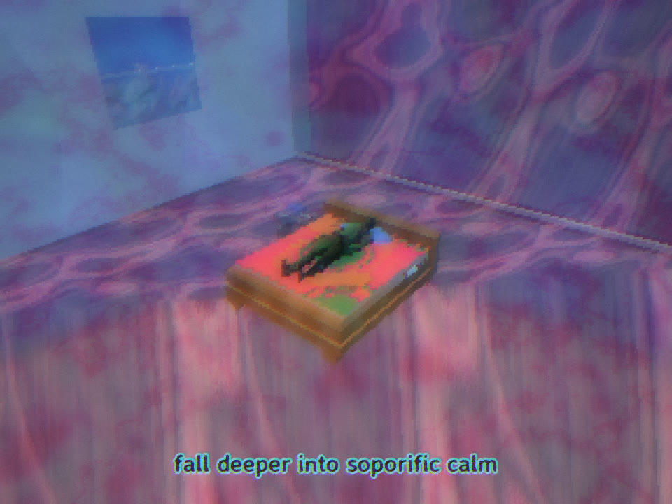 A small figure asleep on a bed in a room whose walls and floor carry purple and pink marbled patterns, fading away, with a window of clouds on the left wall