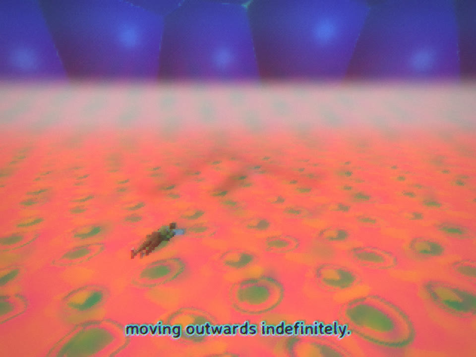 A tiny figure lying on an orange patterned floor that stretches to a hazy grey horizon under a dark blue sky of rounded cells