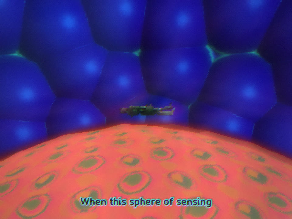 A figure floating horizontally above the curved orange surface of a small planet-like floor, against a sky of blue rounded cells, with the subtitle "When this sphere of sensing"