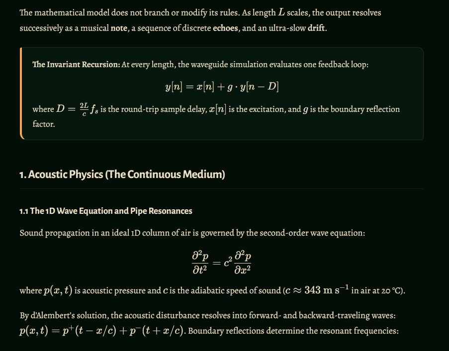 The Unbounded Organ explainer showing the invariant waveguide recursion and 1D wave equation