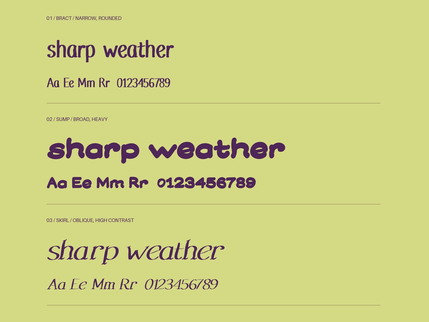 Xyh Fonts comparison showing Bract, Sump, and Skirl display typefaces