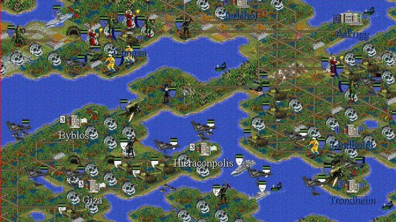 A Civilization II game map with cities, terrain, roads, and units.