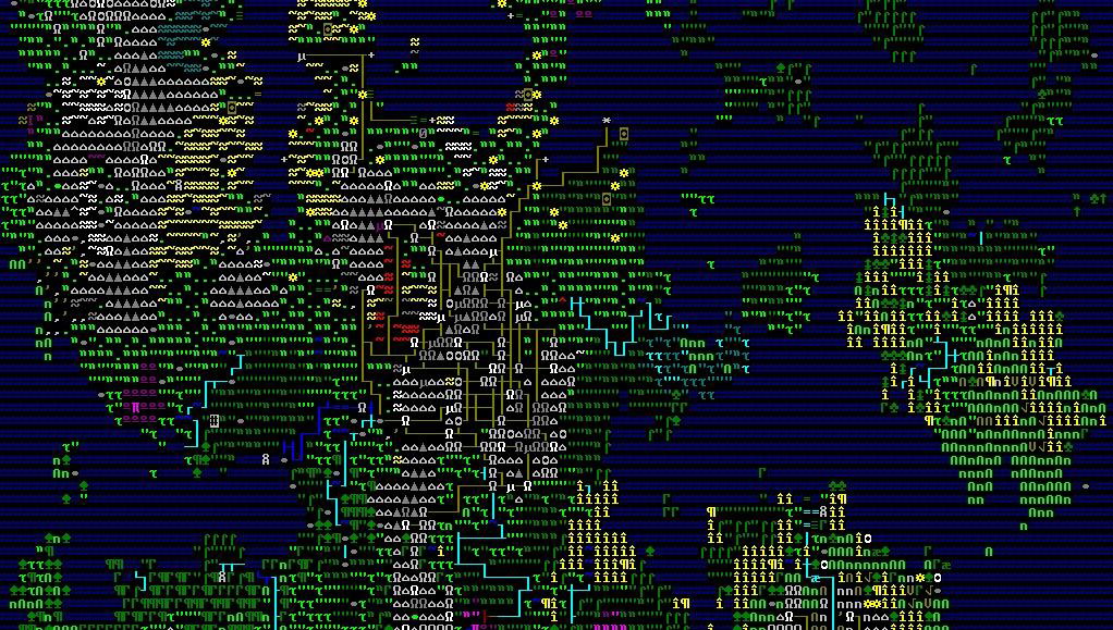 A Dwarf Fortress landscape rendered as a dense field of colored text characters.