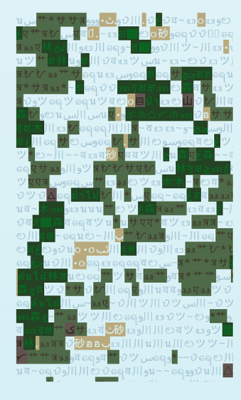 A generated Insulae Incognita landscape made from colored characters and blocks of multiple scripts.