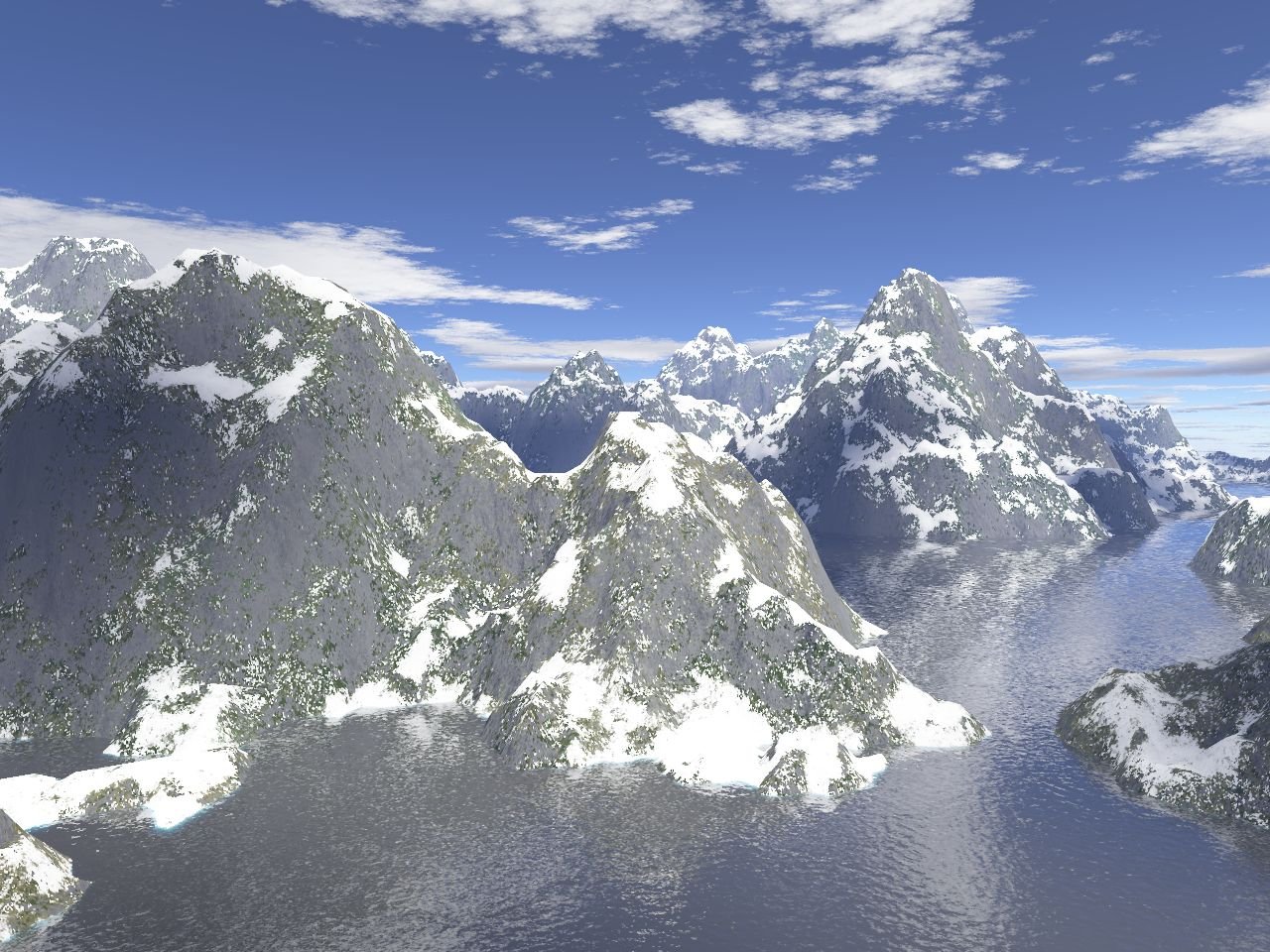 A virtual mountainous landscape generated using Perlin noise.