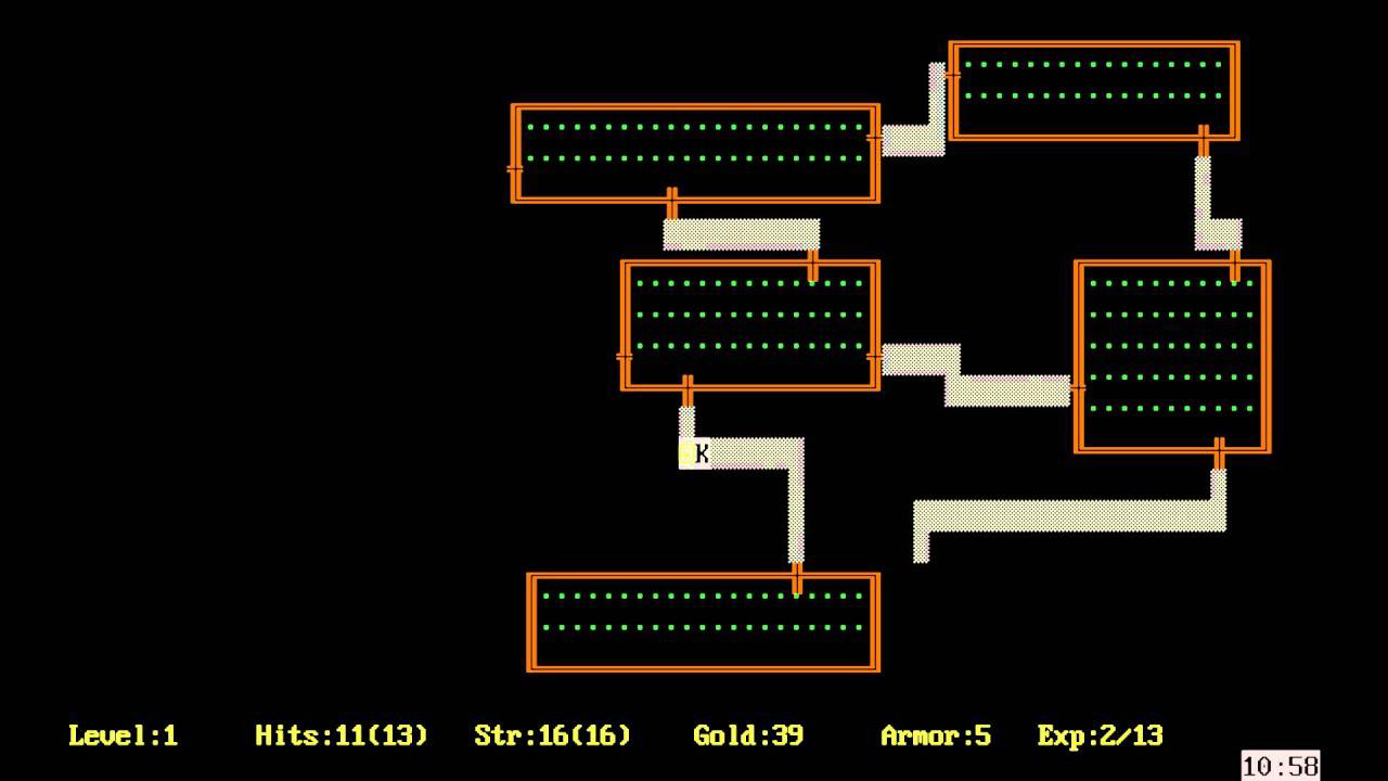 A room and corridor map in Rogue rendered with colored ASCII characters.