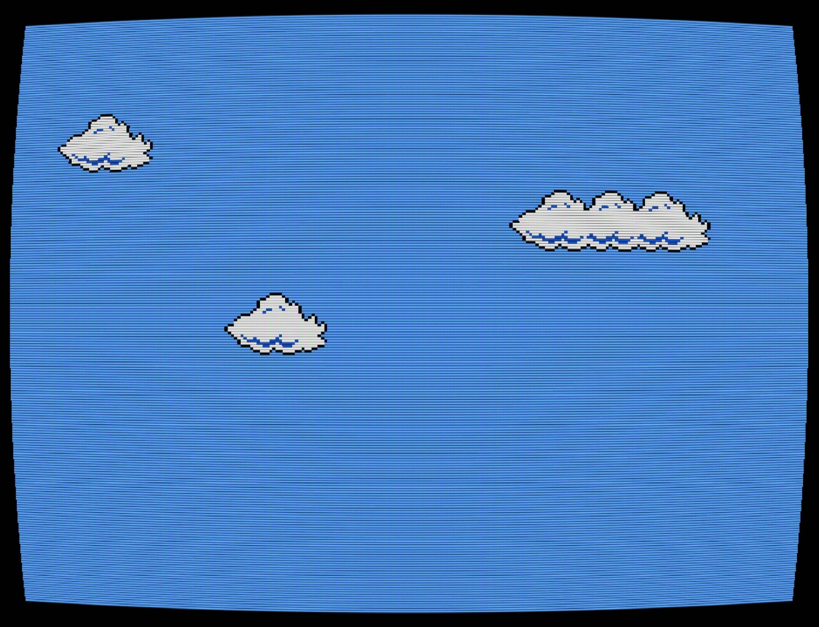 Cory Arcangel's Super Mario Clouds showing white pixel clouds moving across a blue CRT screen.