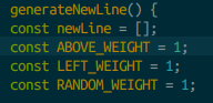 A code excerpt showing above, left, and random terrain influences each given a weight of one.